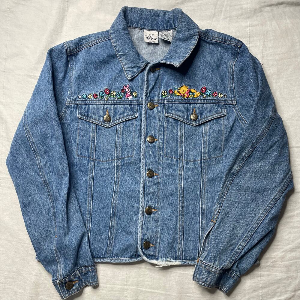 Vintage Disney Winnie the Pooh and Piglet Denim Jacket Medium Floral Embroidered